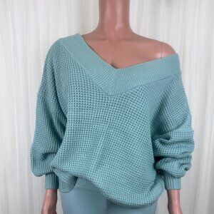 Zenana Plus Size V-Neck Off The Shoulder Waffle Knit Sweater Mint Green Sz 1X